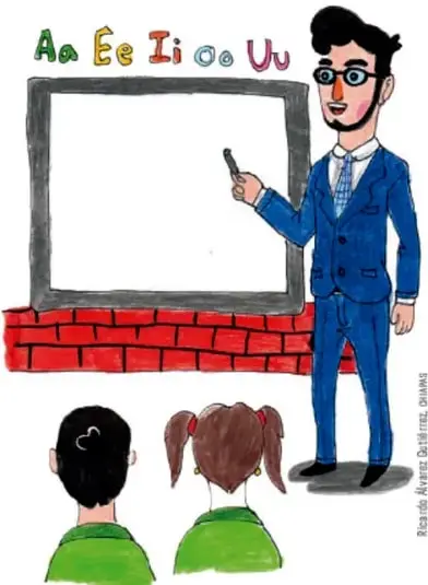 Ilustración de un maestro con traje azul señalando un pizarrón con las vocales 'Aa Ee Ii Oo Uu'; frente a él, dos estudiantes de espaldas.