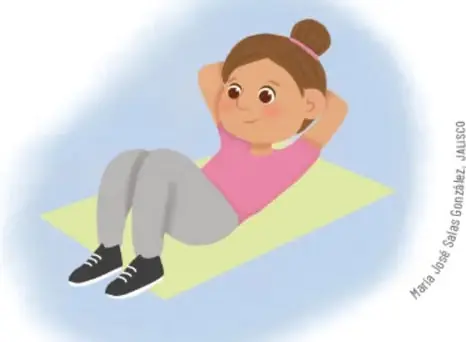 Ilustración de una niña con playera rosa y pants gris haciendo lagartijas sobre un tapete verde, con las manos detrás de la cabeza. Crédito: María José Salas González, JAUSCO.