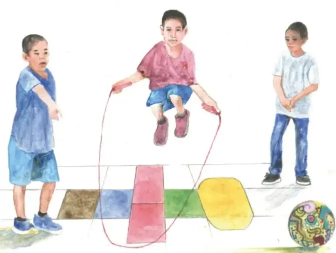 Niños jugando en el patio: uno salta la cuerda sobre fichas de colores, otros observan; ilustración de Ángel Pérez Carpio, Veracruz.