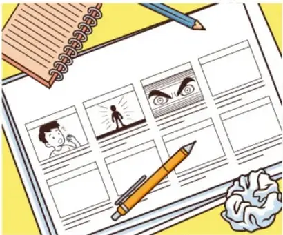 Cuaderno con recuadros (viñetas) en blanco y lápices, ilustrando el concepto de viñetas.