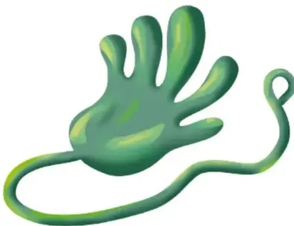 Un globo verde inflado con forma de mano abierta y su muñeca estirada en curva, ejemplo de material elástico. Crédito: Clarabett Gabriela Martínez Jiménez, Hidalgo.