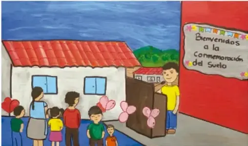 Pintura de Alex Flores Ávila, Puebla: un niño abre la puerta roja de la escuela mientras llegan familias con niños y globos rosados; en el muro un letrero dice "Bienvenidos a la Conmemoración del Suelo".