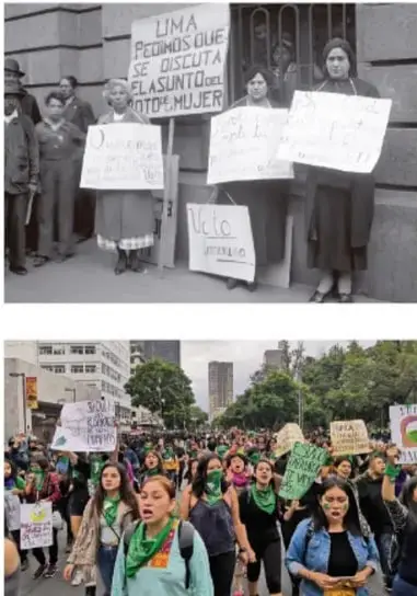Manifestación histórica por los derechos de la mujer con carteles como 'Uma pedimos que se discuta el asunto de nuestra mujer' y 'Veto al marido'; abajo, marcha feminista contemporánea con pañuelos verdes de La Marea Verde.