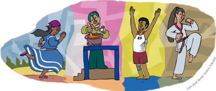 Ilustración de cuatro personas en distintas actividades: una mujer con falda azul, una persona cocinando, un joven con los brazos levantados y una persona practicando artes marciales, sobre un fondo de colores. Crédito: Julio César Banda Escalón, Veracruz.