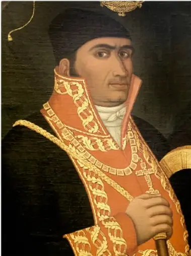 Retrato de José María Morelos y Pavón con uniforme militar de gala, capa roja y bastón de mando.