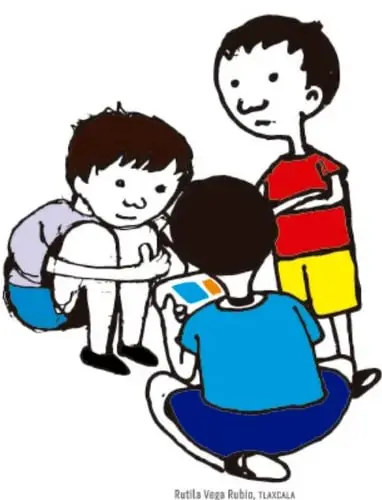 Ilustración de cuatro niños y niñas sentados en el suelo, trabajando en equipo con hojas y lápices. Rótulo: Vega Rubio, Tlaxcala.