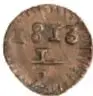 Ficha numismática: reverso de una Moneda 1/2 Real de 1813, cobre, diámetro 18 mm, Colección Casa de Moneda de México, Museo Numismático Nacional.