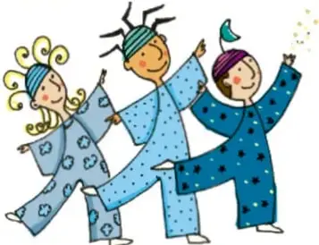 Ilustración de tres niños disfrazados con ropa de dormir azul y gorros, representando una obra de teatro.