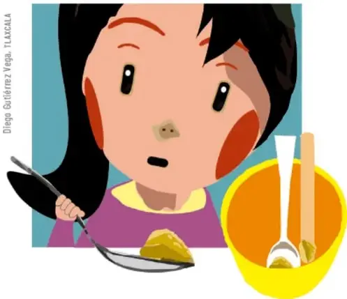 Ilustración de una niña sosteniendo una cuchara con mantequilla y un tazón amarillo con cucharas de metal, plástico y un abatelenguas.