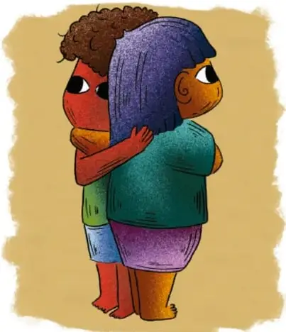 Ilustración de dos niños abrazándose; uno de piel roja y otro de piel morena con cabello morado. Al pie dice: Luis Fernando Sotelo Gaspar, QUERÉTARO.