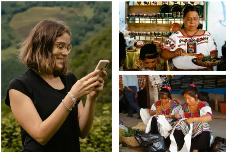 Joven mujer con cabello corto y lentes, sonriendo mientras usa un celular en un entorno natural con árboles y cerros al fondo.