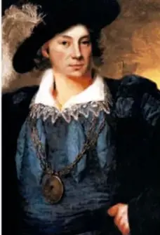 Retrato del pirata Laurent de Graff, «Lorencillo», con sombrero y pluma, vestido de azul con cadenas y medallón.