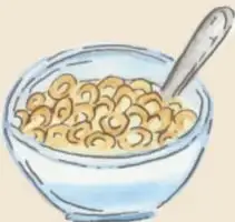 Tazón de cereal con cuchara, ilustración decorativa.