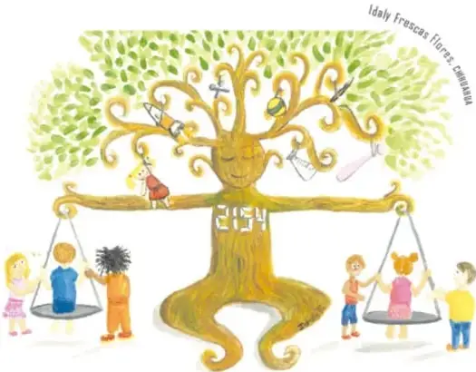 Ilustración de un planeta con niños y niñas realizando distintas actividades (jugar, lavar, pintar, cuidar la casa) junto a dinero y objetos, mostrando desigualdades cotidianas de género. Ilustradora: Idah Fructas Flores, Colibrí.