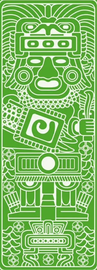 Ilustración lineal verde de un rostro estilizado de estilo mesoamericano con element