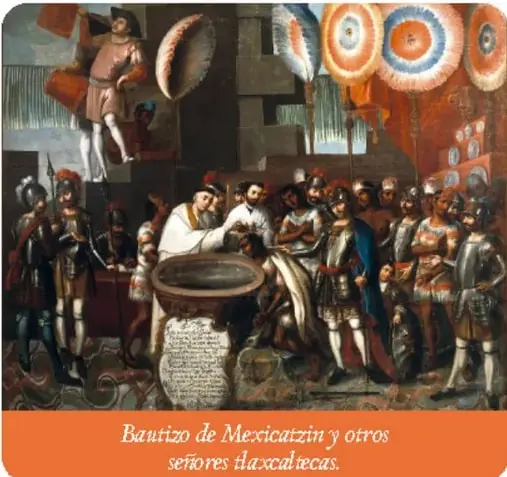 Mural de Diego Rivera en Palacio Nacional: Bautizo de Mexicatzin y otros señores tlaxcaltecas, con españoles, frailes y personajes indígenas.