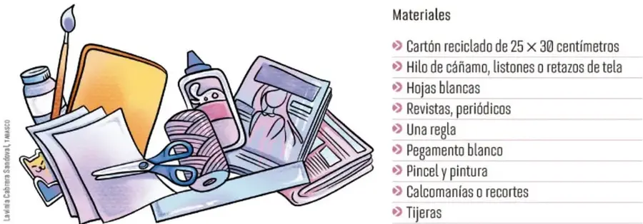 Ilustración de materiales para manualidades: pincel, pintura, cartón, tijeras, revistas y regla.