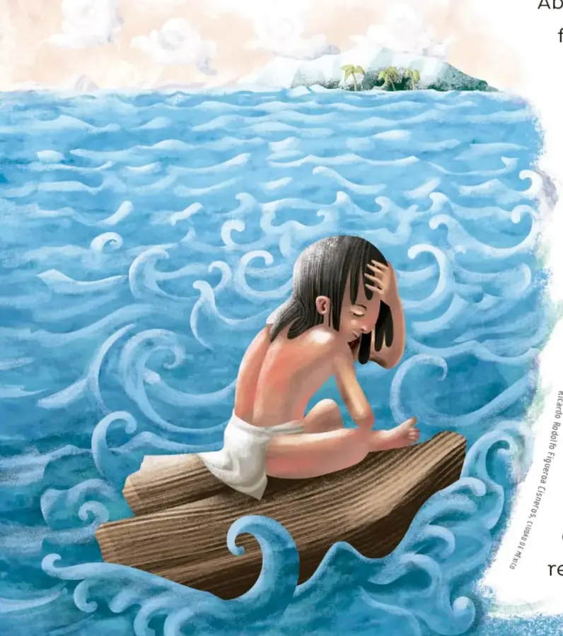 Ilustración de una niña de cabello largo y piel morena, con un lienzo blanco en la cintura, sentada sobre un tronco de madera que flota entre olas azules. Al fondo se observa una isla con palmeras y un cielo claro.