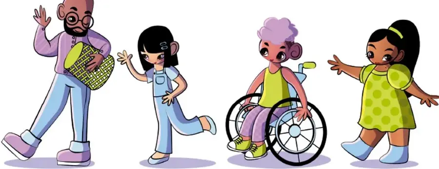 Ilustracion de cuatro integrantes de la comunidad: un hombre con anteojos que sostiene una manta tejida de color verde y amarillo, una nina de overol que camina, una nina en silla de ruedas con cabello morado y una nina con vestido verde de lunares que abre los brazos.