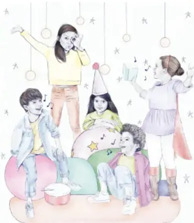 Ilustración de niños y niñas en un salón, algunos con globos y sombreros, preparando un festival.