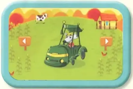 Pantalla del juego en un paisaje rural, con un animalito acompañante y botones de navegación.