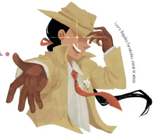 Detective con sombrero y gabardina beige, corbata roja y lentes que brillan, saludando con la mano abierta; crédito vertical: 'Laura Ángels Fernández, Ciudad de México'.