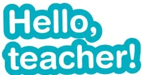 Pizarra blanca con el texto 'Hello, teacher!' y dos niños asomándose detrás de ella.