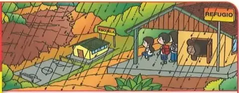 Ilustración de estudiantes que evacúan una escuela hacia un refugio durante una inundación.