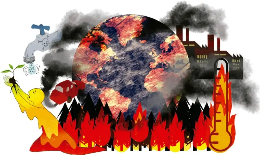 Collage artístico: la Tierra ardiendo en el centro, rodeada de humo, una fábrica con chimeneas, un automóvil rojo, un termómetro con llamas, un grifo que gotea con una calavera y una figura amarilla de niña que sostiene una planta. Crédito: Sarah Esther Legoreta Medrano, COLIMA.