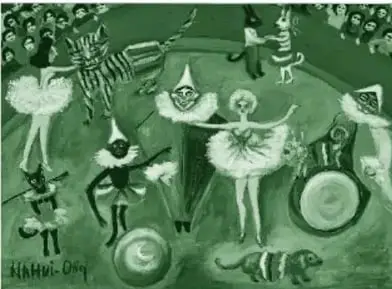 Pintura (impresa en tinta verde) del interior de un circo: escenario circular con dos bailarinas de ballet, dos payasos y animales disfrazados (tigre, conejos, chango, perros y gatos); alrededor, gradas con público; la artista firmó la obra en la esquina inferior izquierda.