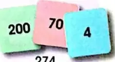 Ejemplo de tarjetas con $200$, $70$ y $4$, que forman $274$, junto con un ábaco de centenas, decenas y unidades.