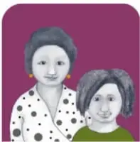 Dos adultos con varios niños, uno de cabello rubio, sobre fondo rojo.