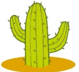 Ilustración de un cactus verde tipo saguaro sobre un óvalo amarillo.
