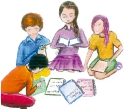 Ilustración de cuatro estudiantes sentados en el suelo compartiendo y revisando cuadernos y hojas, en actitud colaborativa.