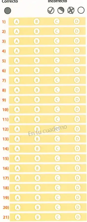 Tabla de respuestas de la página, con opciones A, B, C y D para marcar la alternativa correcta de cada ejercicio.