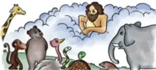 Ilustración de Júpiter sentado sobre una nube observando a varios animales: jirafa, oso, serpiente, tortuga y elefante.