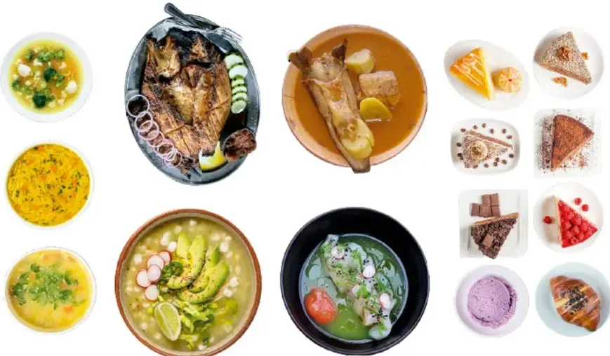 Fotografías de platillos: sopas, guisados y postres que ilustran las opciones del menú.
