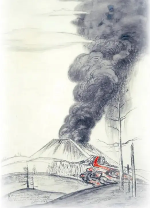 Dibujo a lápiz del volcán Paricutín en erupción con una gran columna de humo negro y flujos de lava roja a sus pies.