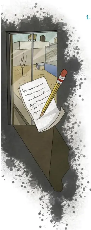Ilustración de una ventana con vista a un paisaje árido y un cuaderno con lápiz, que representa la observación y el registro de la comunidad.