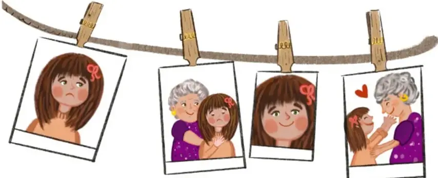 Tendedero con cuatro dibujos: una niña triste, una niña abrazando a su abuela, una niña sonriente y una niña con su abuela mostrando un corazón.