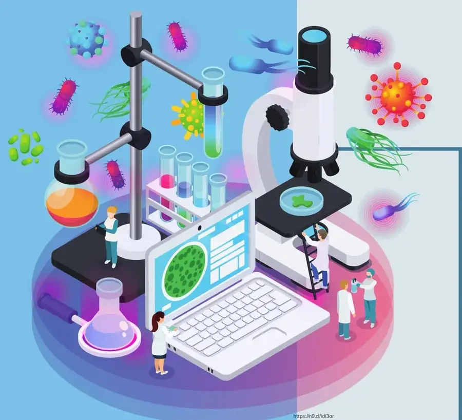 Ilustración isométrica de un laboratorio con microscopio, tubos de ensayo, matraces, una laptop con imagen microscópica, científicos en bata y representaciones de bacterias, virus y otros microorganismos rodeando la escena.