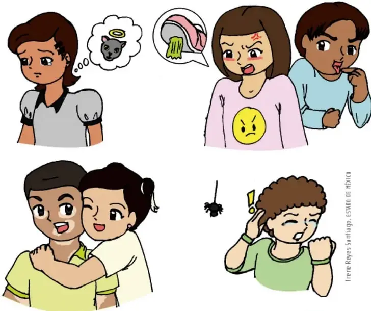 Cuatro viñetas de niños mostrando tristeza (pensando en su mascota), enojo (con símbolo de enfado y camiseta de cara furiosa), alegría (abrazándose) y miedo/sorpresa (ante una araña).