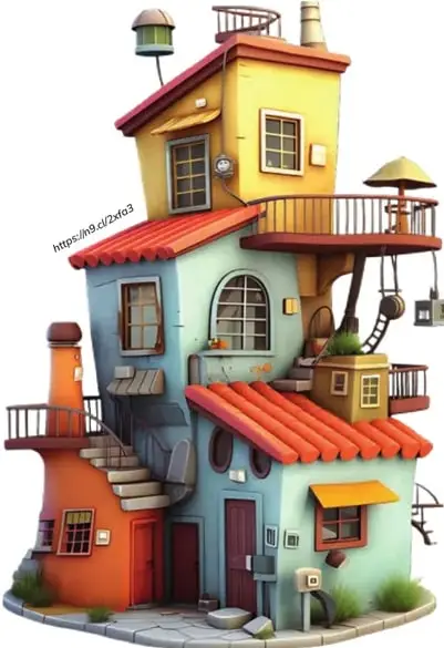 Casa colorida tipo casa de fantasía con paredes amarillas, azules y rojas y techos en diferentes alturas, representando casas brillantes de India.