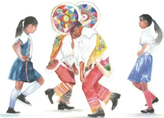 Ilustración de niños y un personaje de danza popular con traje tradicional; crédito Ángel Pérez Carpio, Veracruz.