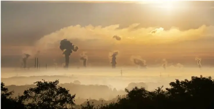 Paisaje con árboles en silueta y chimeneas industriales emitiendo humo, con el sol al fondo.