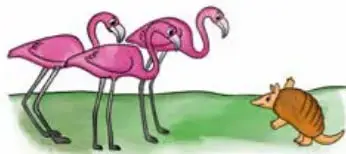 Ilustración de dos flamencos rosados junto a un pequeño animal (yacaré) en el pasto.