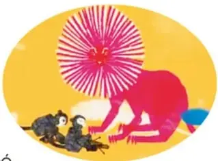 Ilustración en amarillo y rosa: un ocelote con melena de espinas rosas (haciéndose el elegante) junto a unos monos y un aguacate.