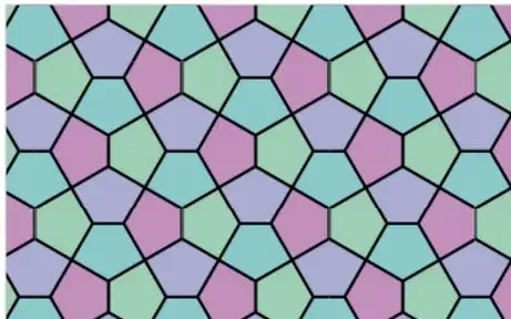 Teselado irregular con pentágonos y hexágonos en colores verde, lila y azul.
