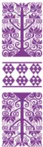 Dos grecas decorativas color púrpura con patrones geométricos; la primera etiquetada 'Matemáticas' y la segunda 'Física'.