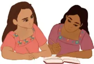Ilustración de dos estudiantes leyendo juntas un libro abierto. Crédito: Filomena Tun Cocon, Quintana Roo.